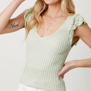 Mystree 100% Cotton Sage Green Ribbed Knit Flutter Sleeve Top Boho Cottagecore